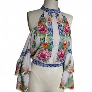 Jealous Tomato White Floral Halter Blouse with Blue Trim
